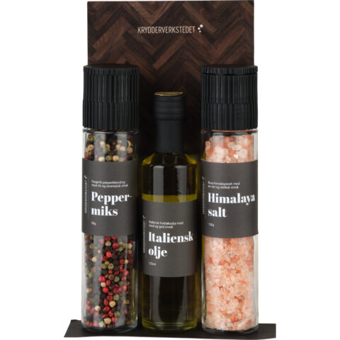 Gavesett tre deler himalaya salt, peppermix og italiensk olje Krydderverkstedet