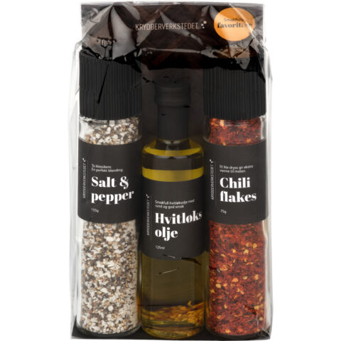 Gavesett tre deler salt og peppermix, chili flakes og italiensk olje Krydderverkstedet
